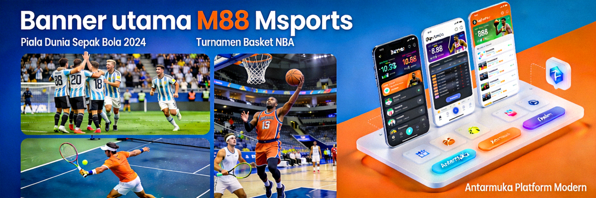 Banner utama M88 Msports menampilkan berbagai event olahraga populer dan antarmuka platform yang modern