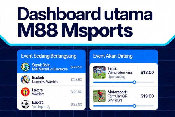 Dashboard utama M88 Msports menampilkan daftar event olahraga yang sedang berlangsung dan akan datang
