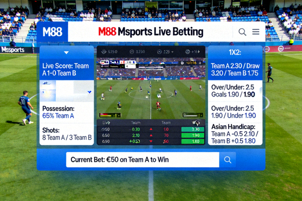 Tampilan live betting M88 Msports dengan statistik real-time dan pilihan taruhan dinamis